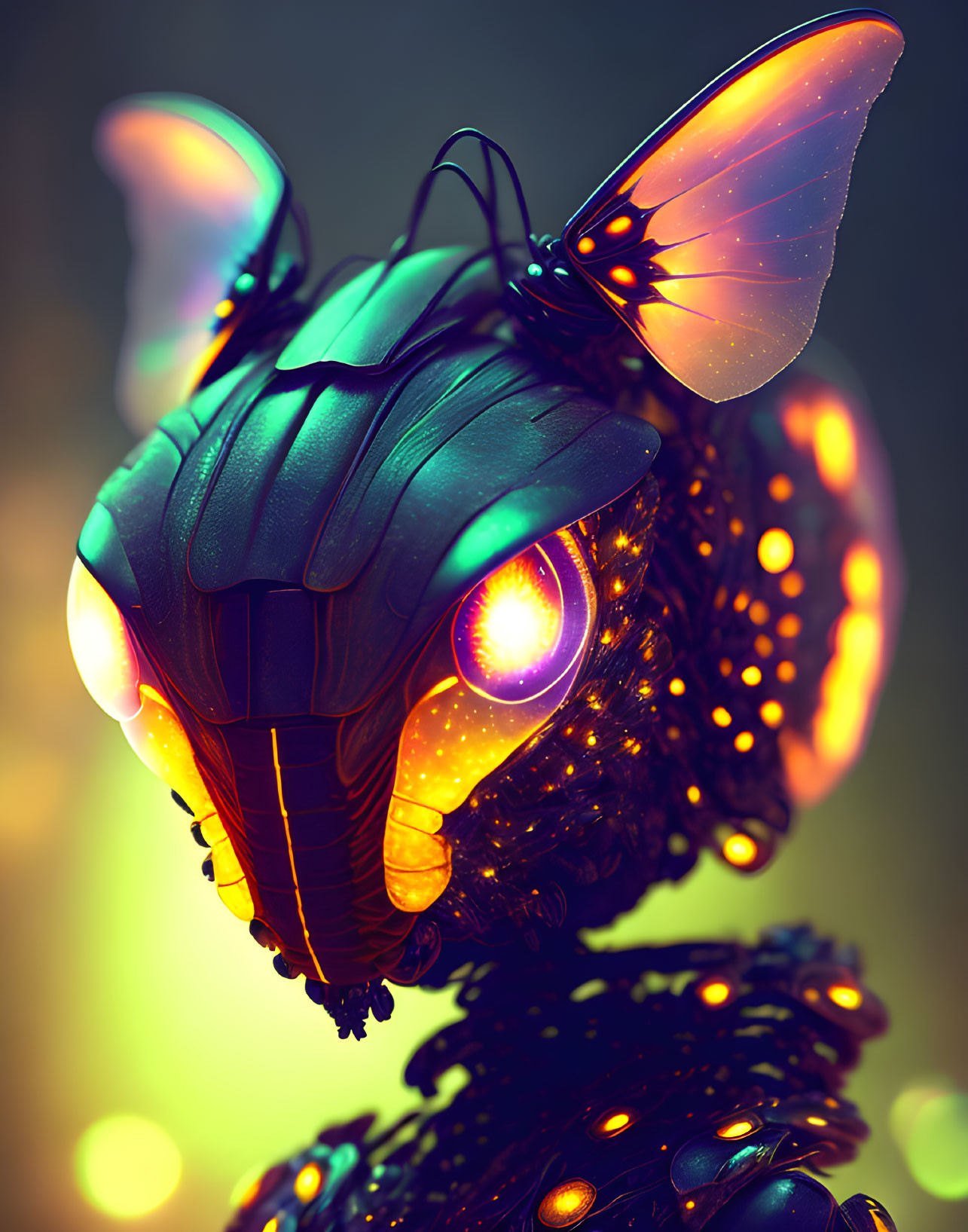 Mechanical creature with glowing eyes and butterfly wings in digital art