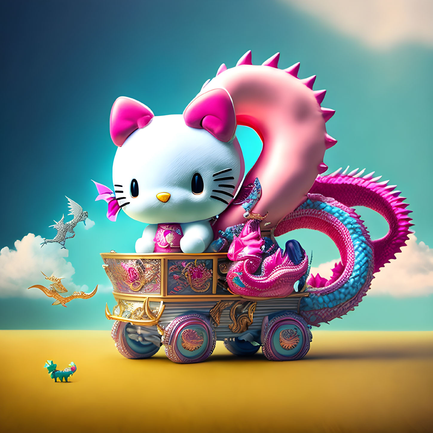 Adorable Hello Kitty on pink dragon-chariot with flying dragons