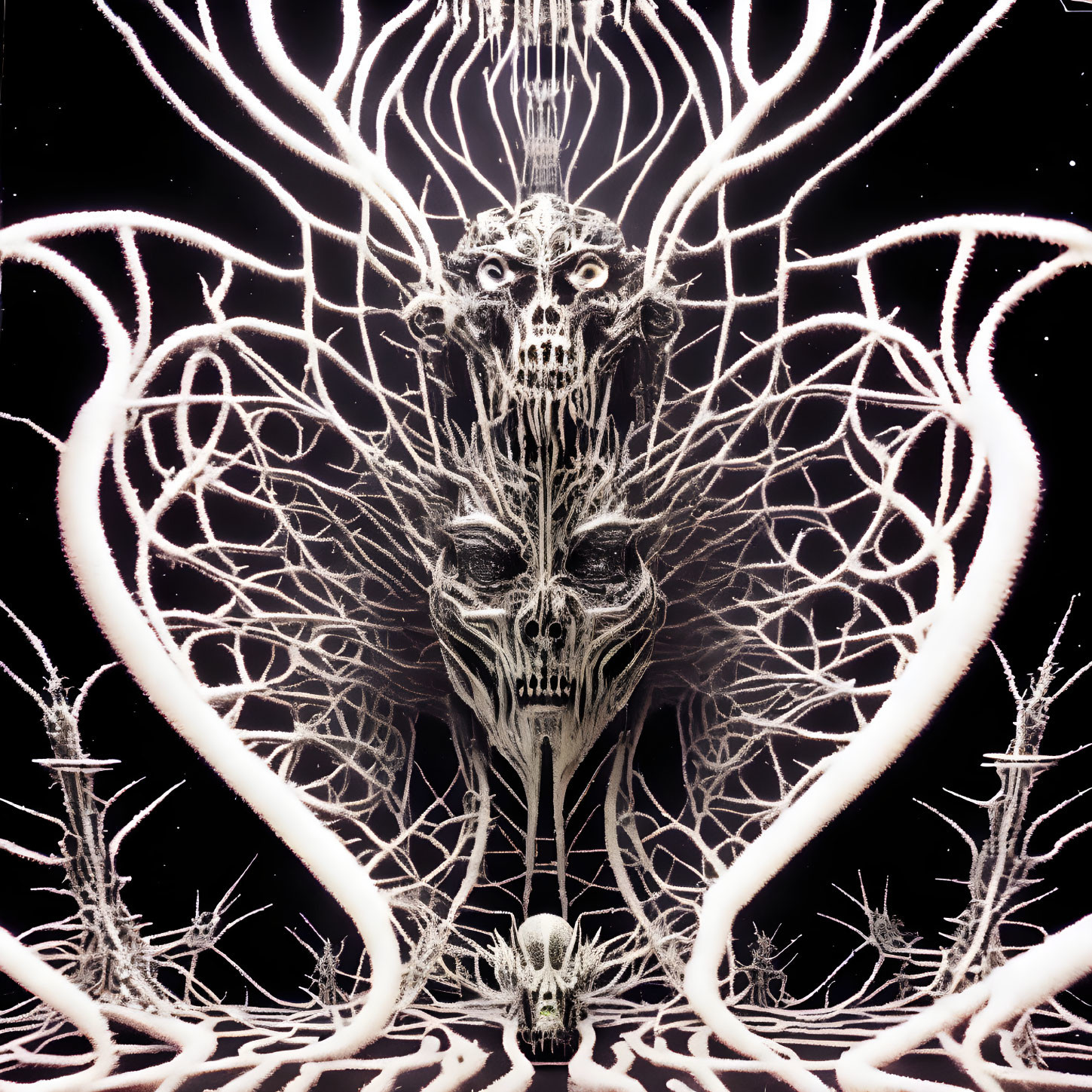 Symmetrical skull patterns with tree-like structures on black background