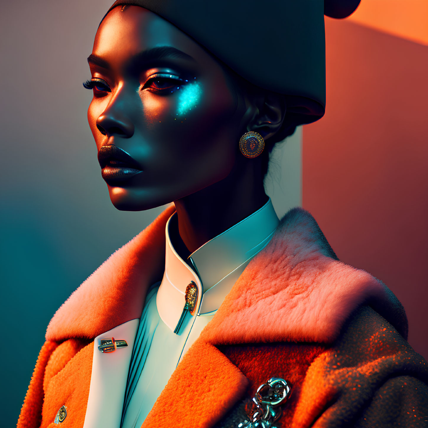 Portrait of a Woman with Glossy Blue Skin and Beret in Peach Coat