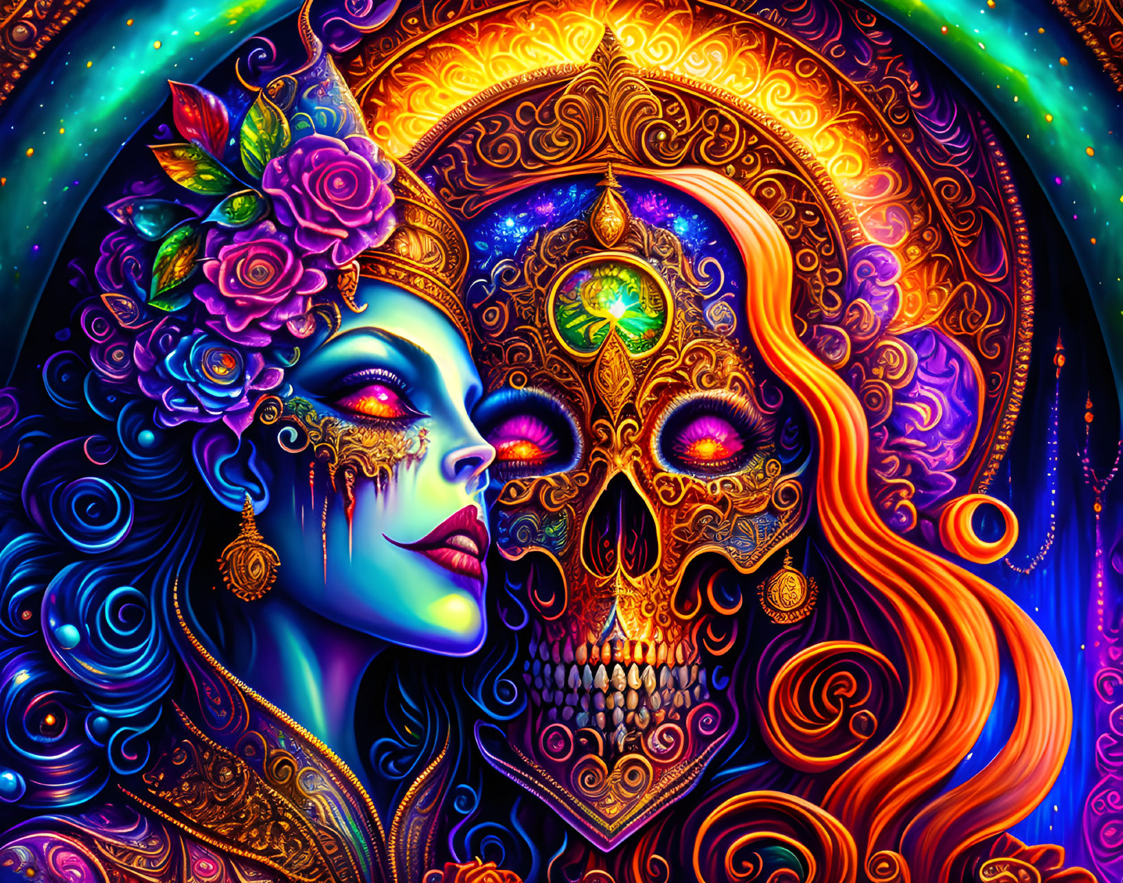 Colorful Sugar Skull Woman Art Against Cosmic Background