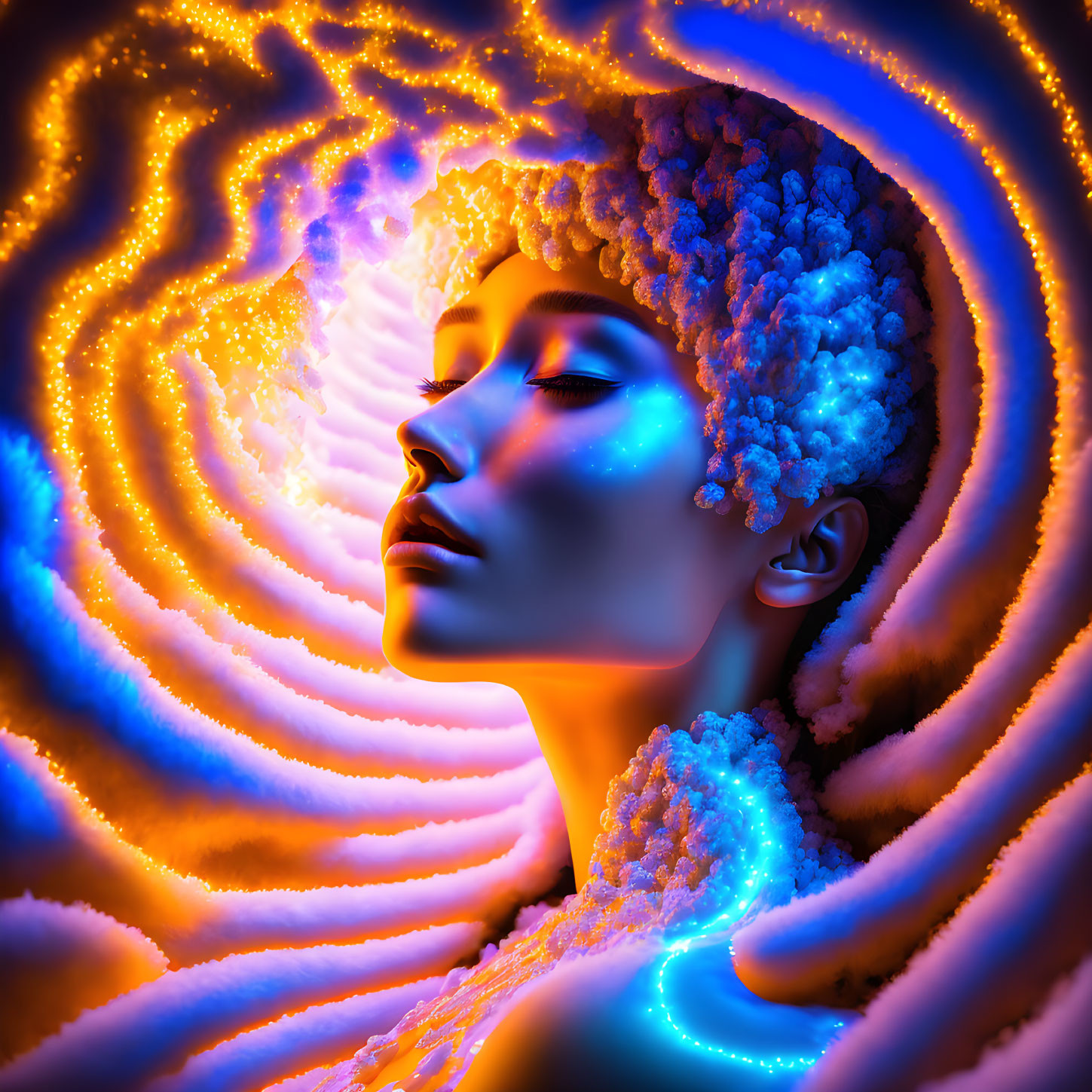 Vibrant digital artwork of woman's profile with blue and orange light patterns