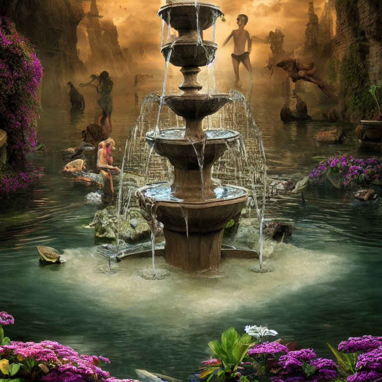 Ethereal garden with multi-tiered fountain and tranquil figures