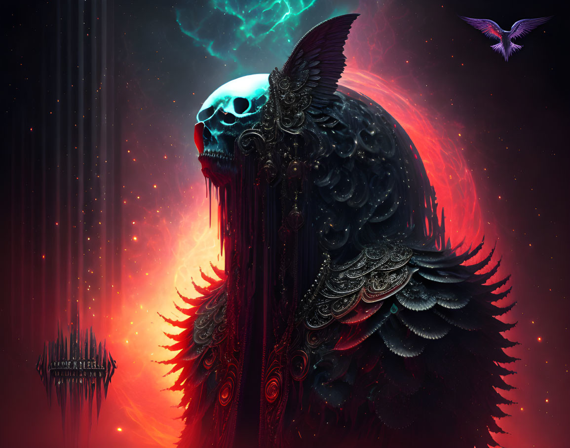 Fantastical glowing blue skull with dark wings in fiery space scene.