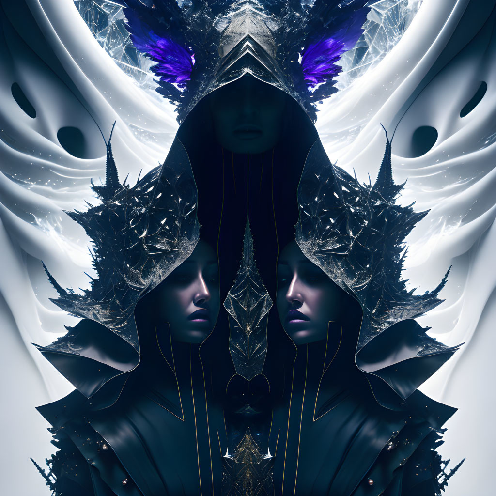 Symmetrical artistic image: Central figure with mirrored faces, crystalline structures, purple accents, cool-ton