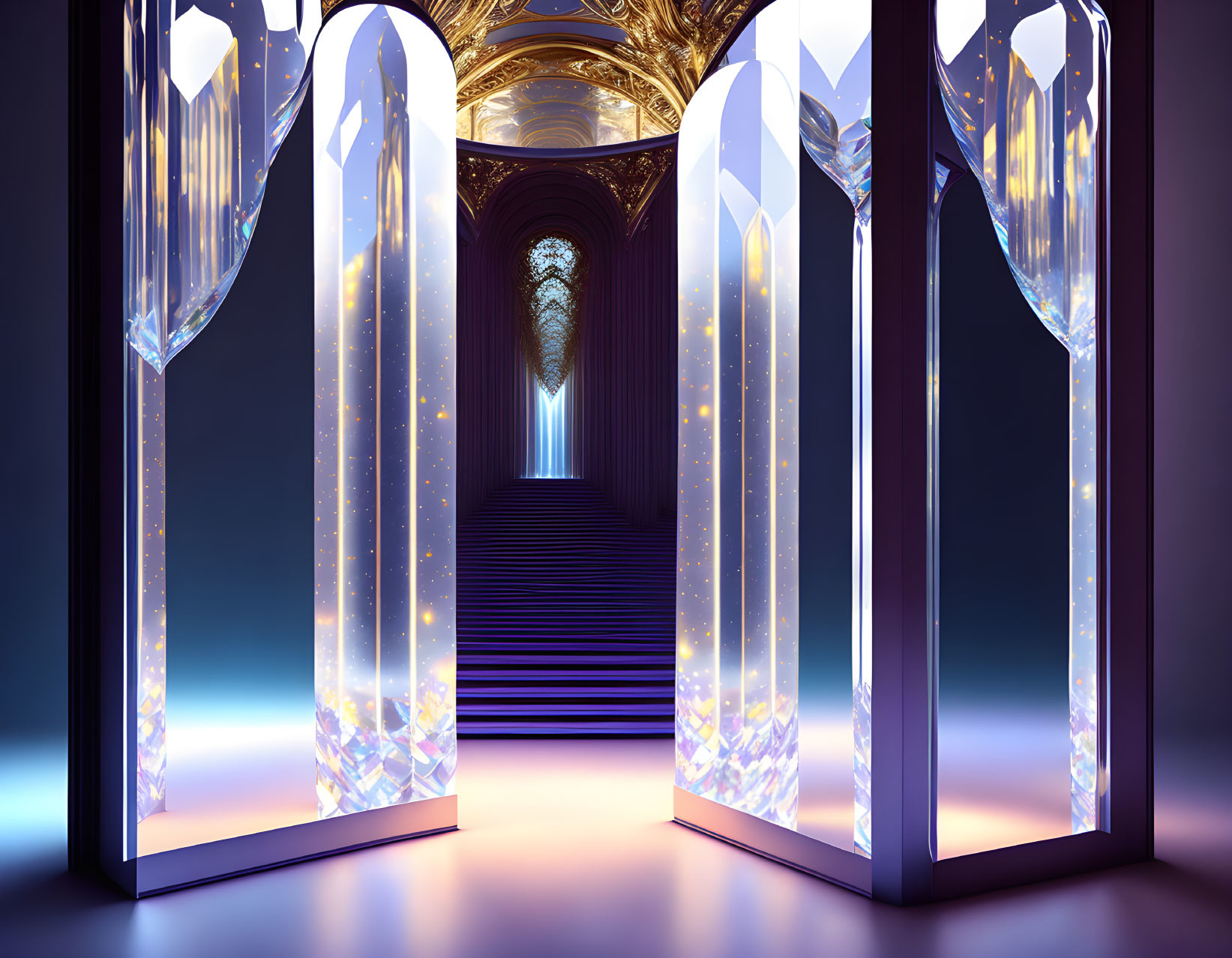 Futuristic corridor with glowing crystal-like walls and ornate illuminated ceiling.