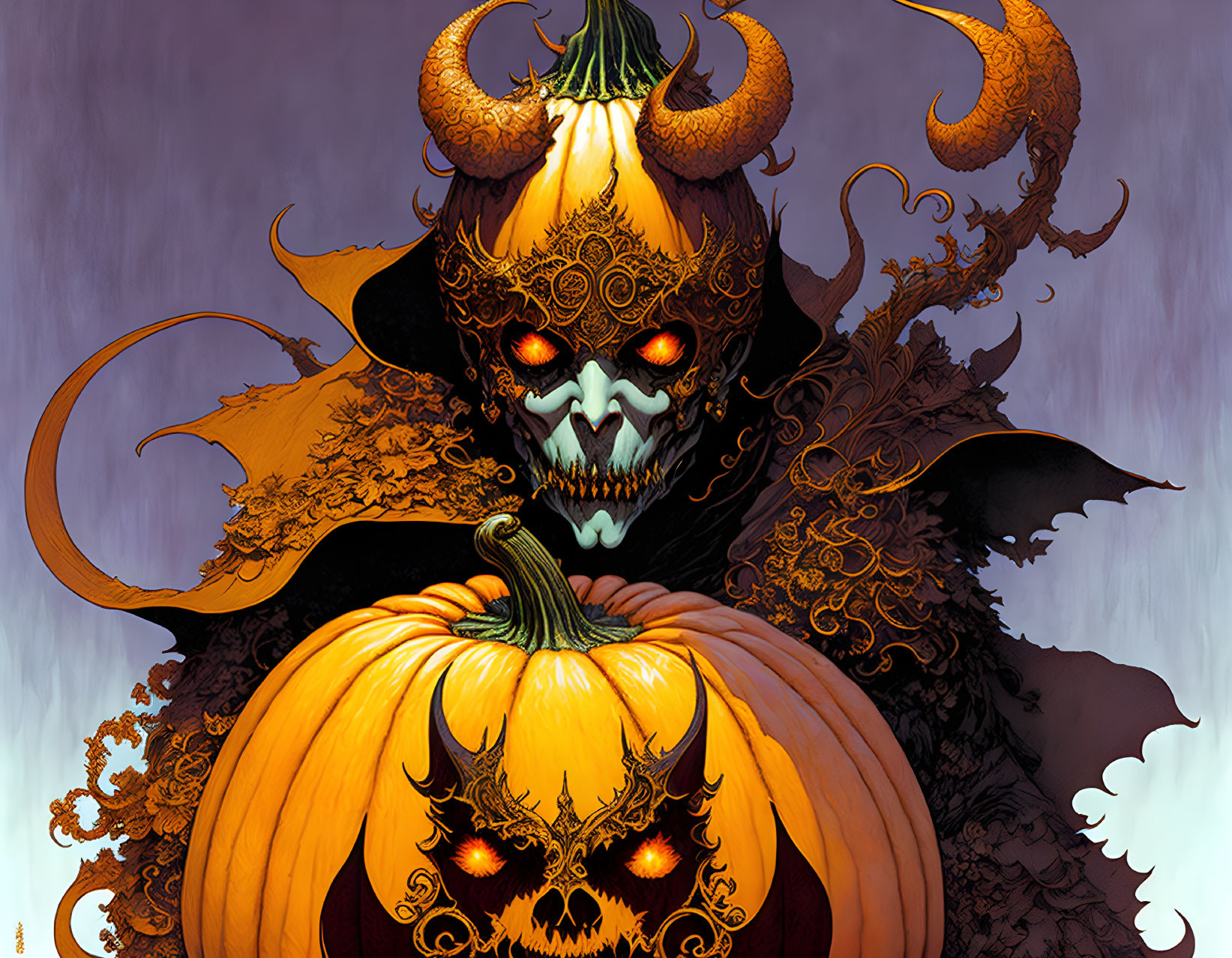 Demonic pumpkin-headed figure with glowing eyes and ornate horns in eerie purple setting