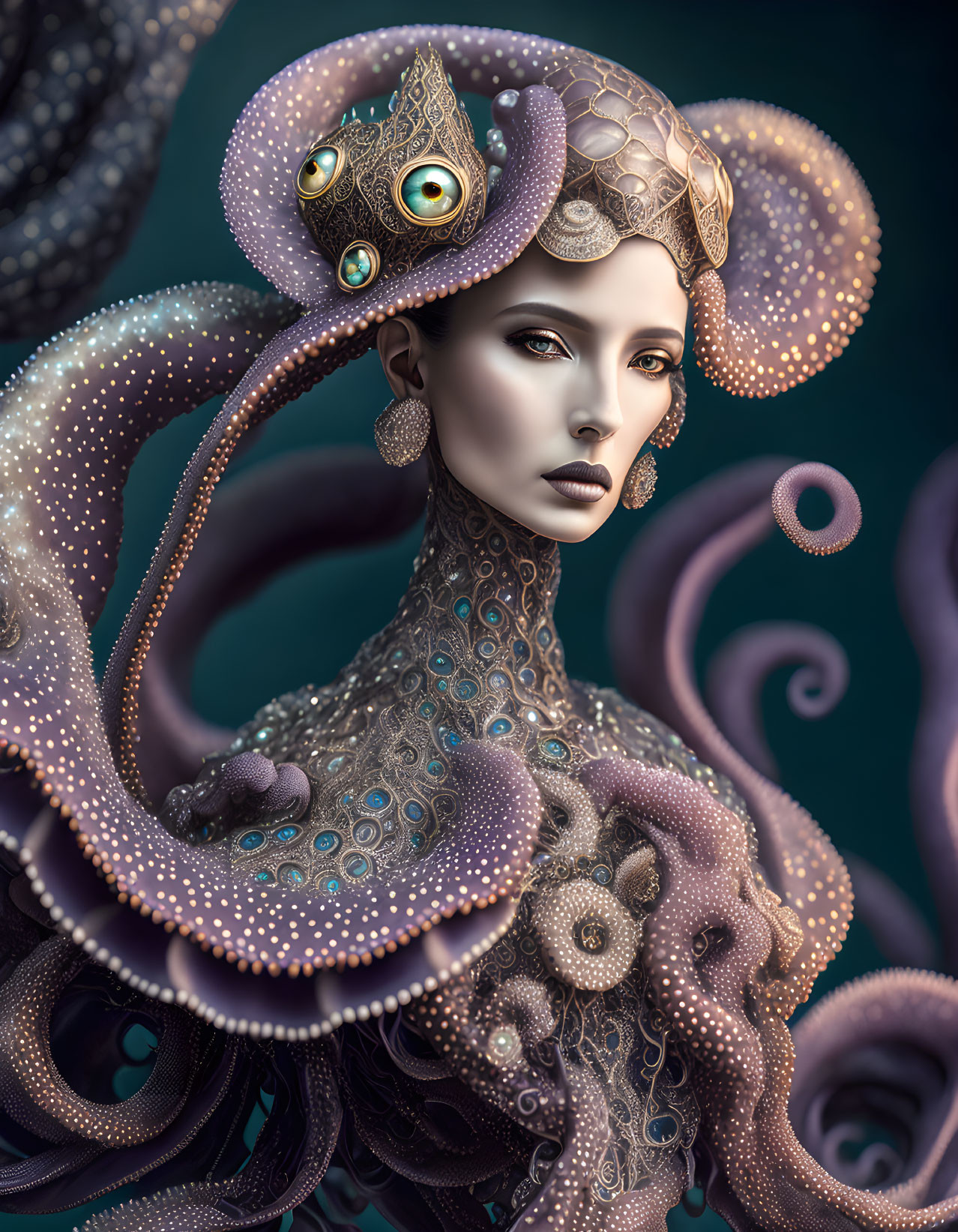 Digital artwork: Woman with octopus headdress & pearls on teal background