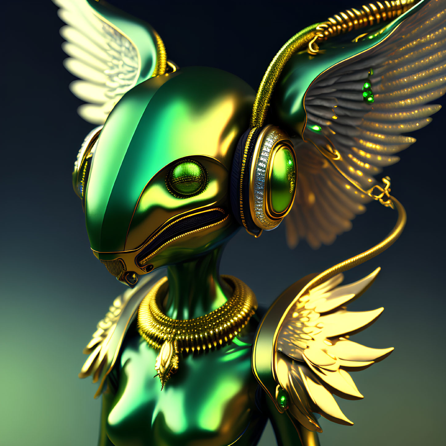 Glossy green and gold robotic bird with mechanical wings.