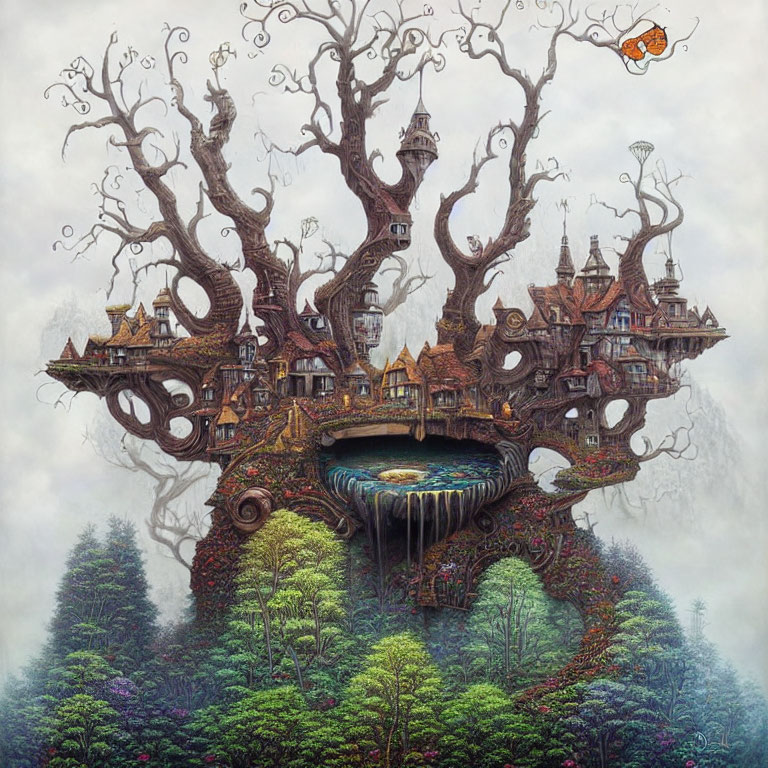 Intricate treehouse painting in lush forest under cloudy sky