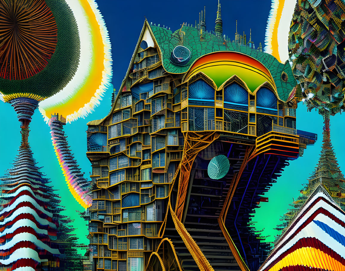 Colorful Psychedelic Building with Fractal Trees Under Bright Sky