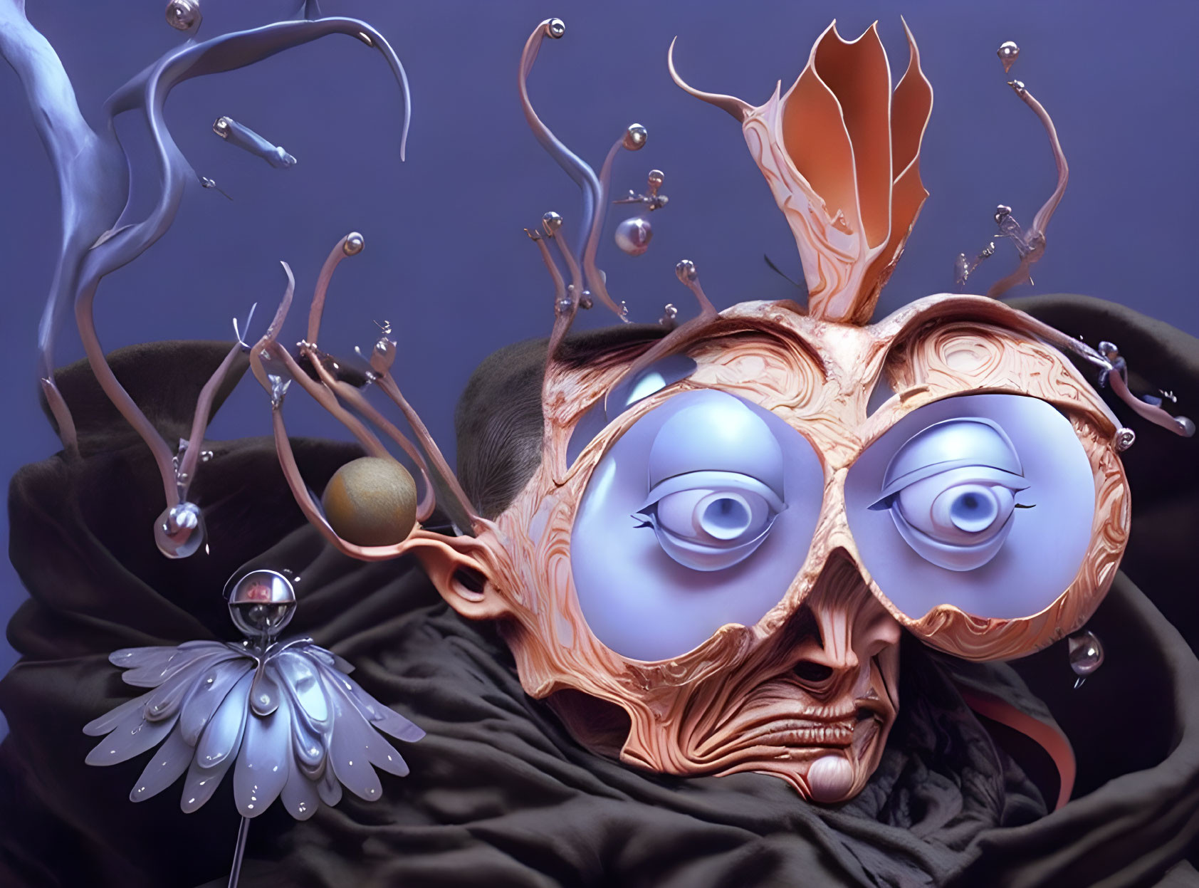 Surreal image of disembodied face with mechanical parts and metallic floral elements