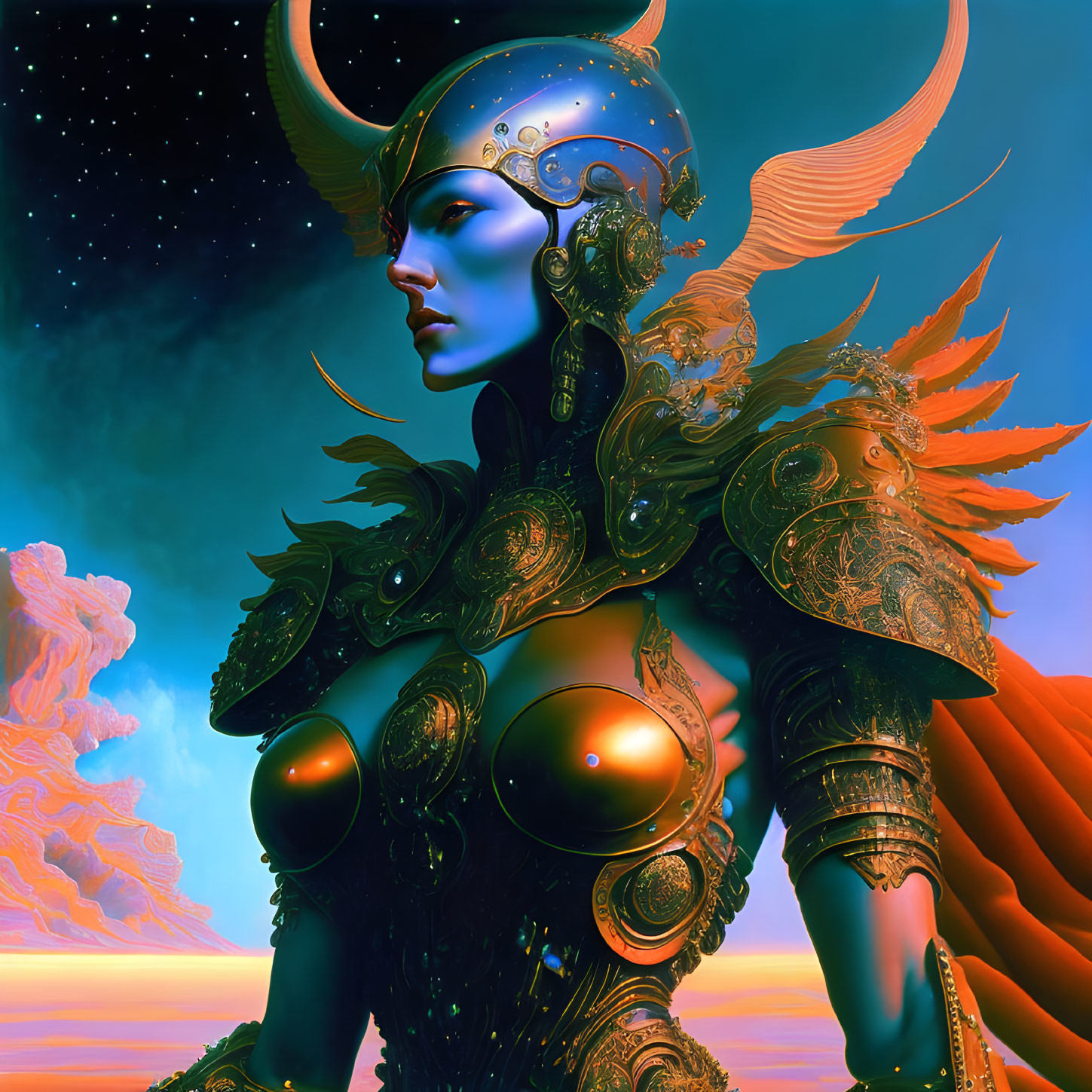 Blue-skinned warrior in golden armor with winged helmet against surreal sky.