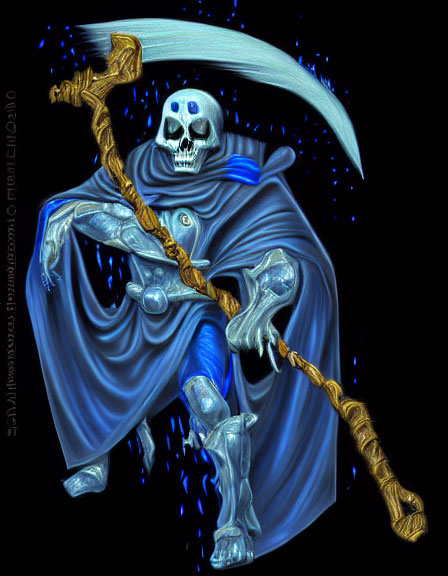 Skeletal figure in blue robe with golden scythe on dark starry backdrop