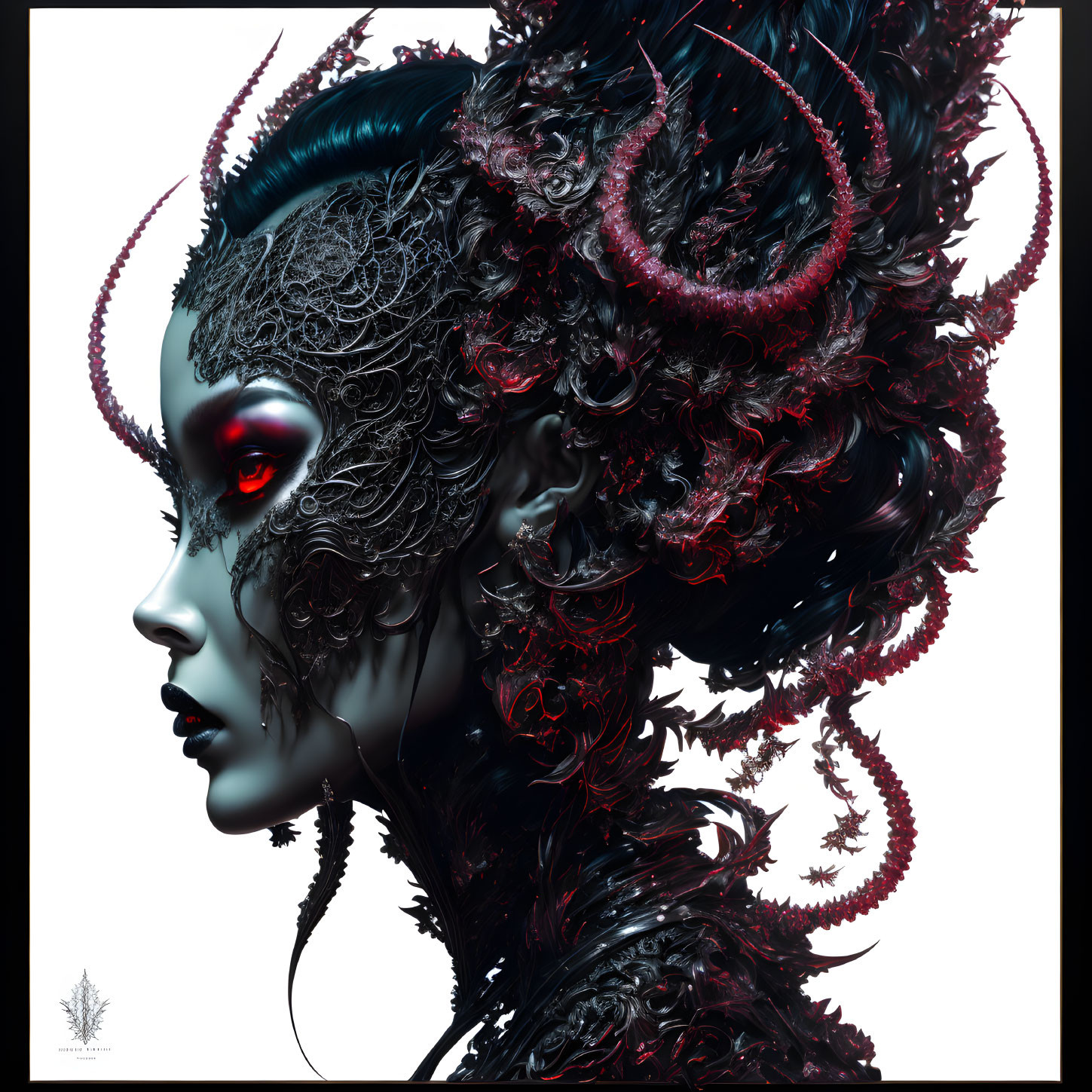 Digital artwork of figure with red and black horn-like hair, single red eye, and dark makeup