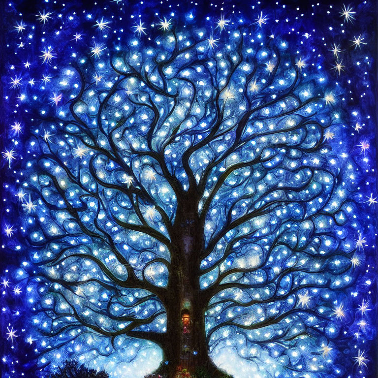 Whimsical tree artwork with swirling branches under starry night sky