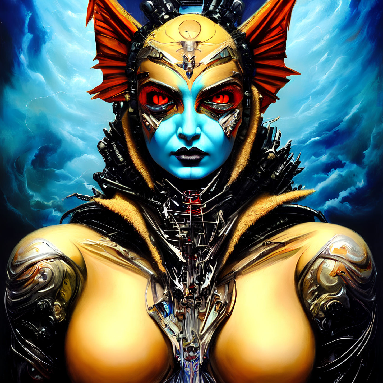 Fantastical female character in gold and silver robotic armor with red eyes on blue cloudy backdrop