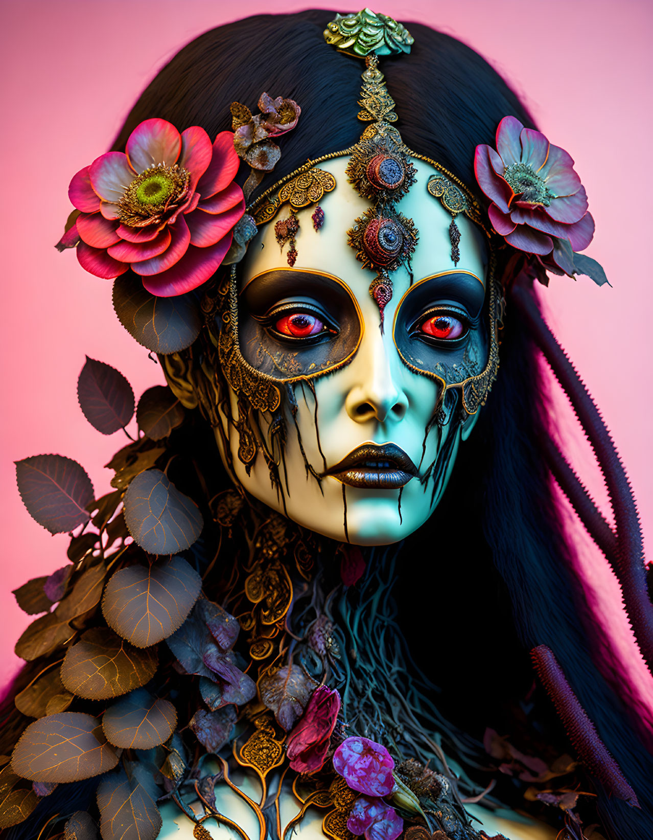 Vibrant portrait of a person with skull makeup and floral headpiece on pink backdrop