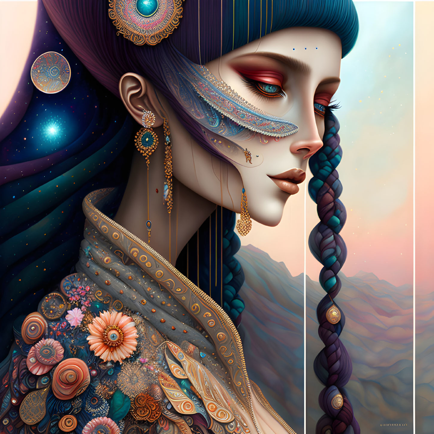 Stylized woman with cosmic makeup and floral robe on celestial background