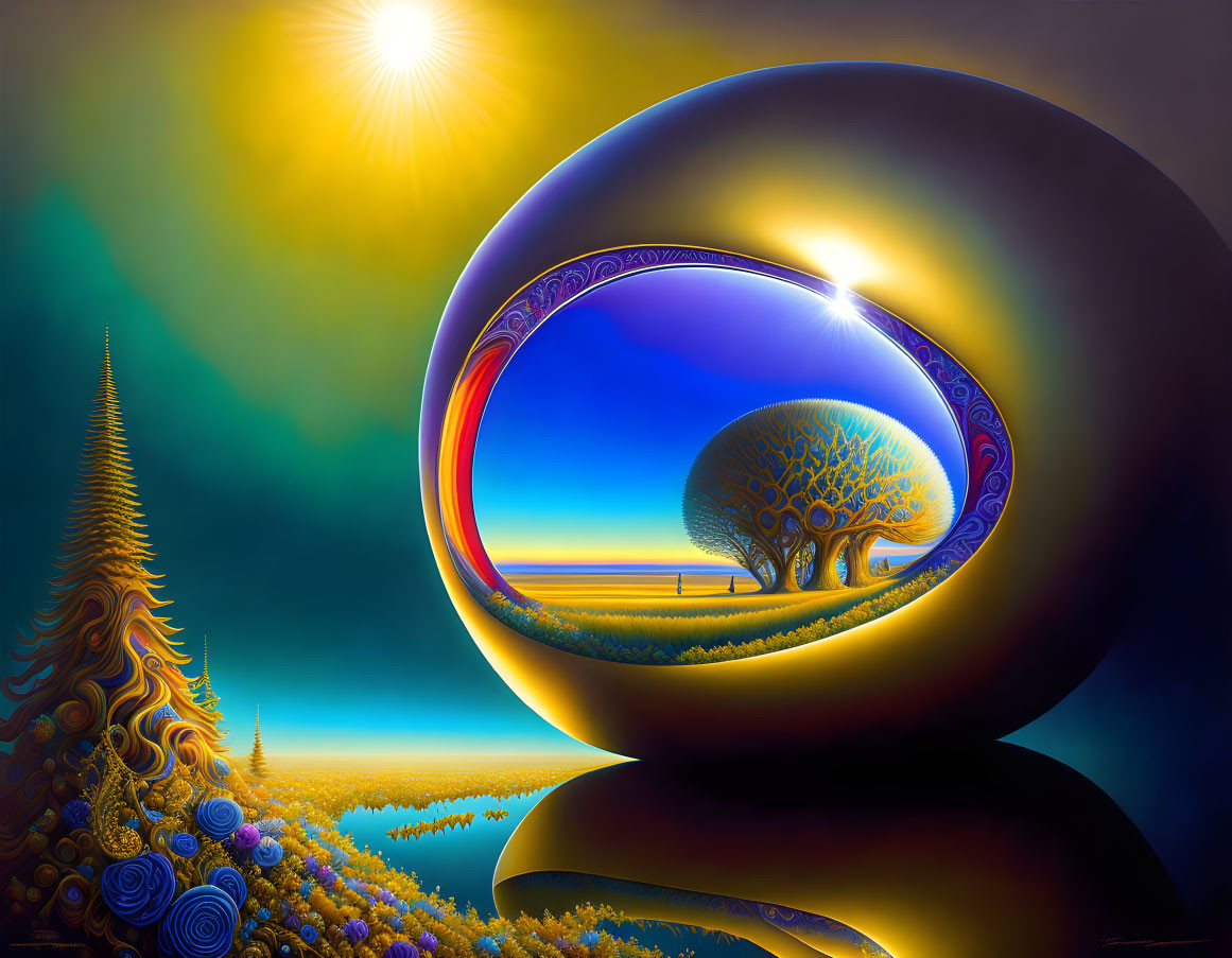 Colorful surreal artwork: reflective sphere, tree, sun, stylized nature