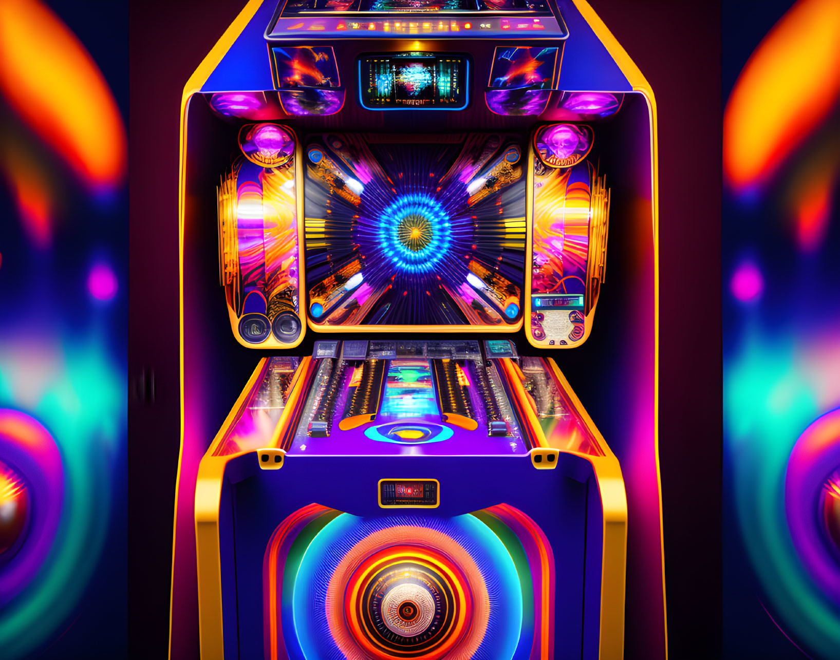 Colorful Arcade Machine with Neon Lights & Psychedelic Design