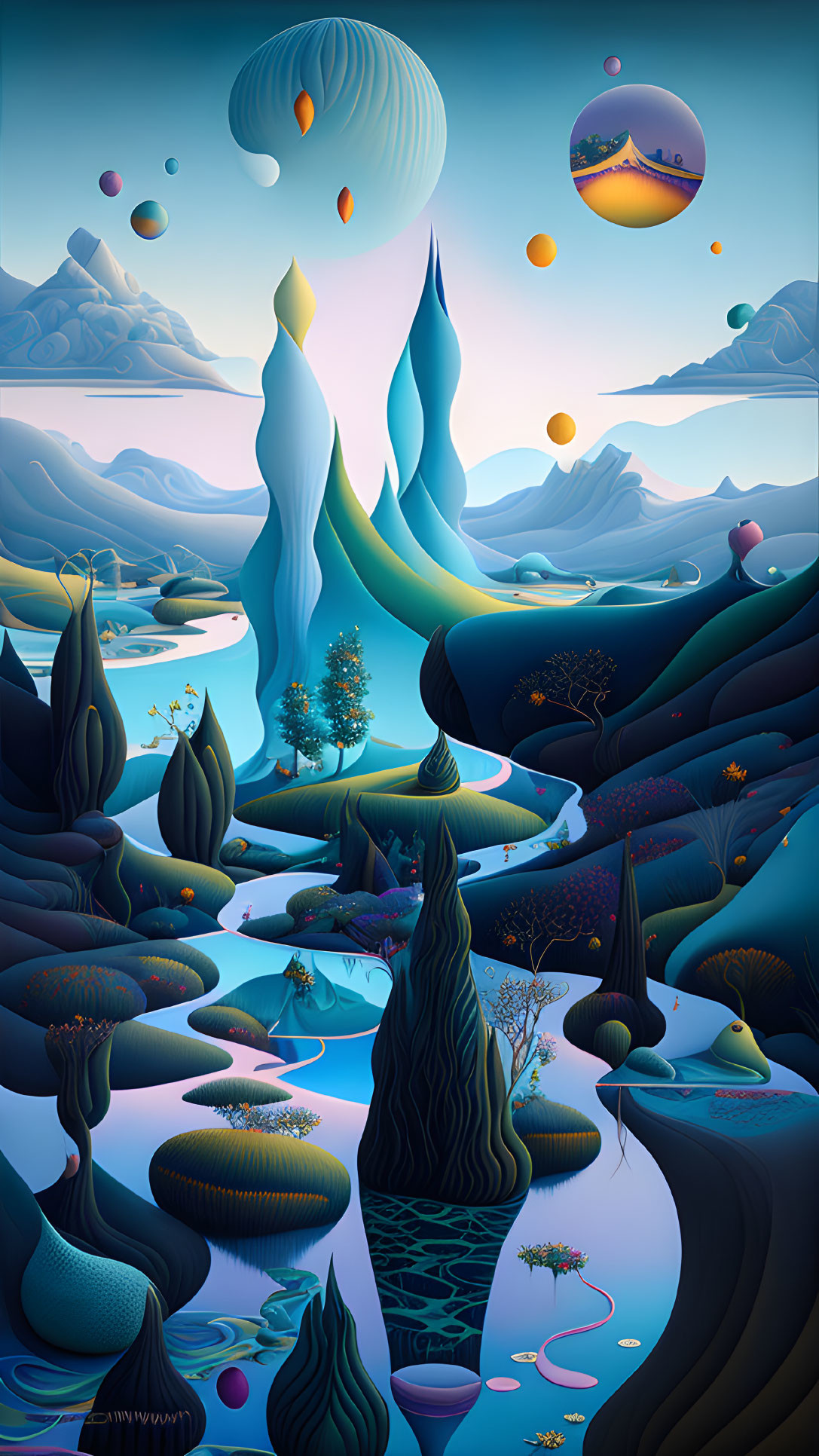 Surreal landscape with ice-like formations, rivers, orbs, mountains, and two moons