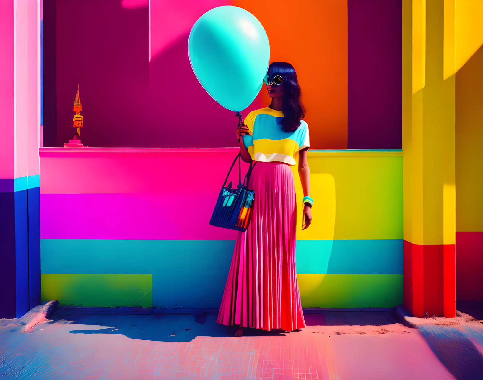 Woman in vibrant striped dress with blue balloon on colorful geometric background