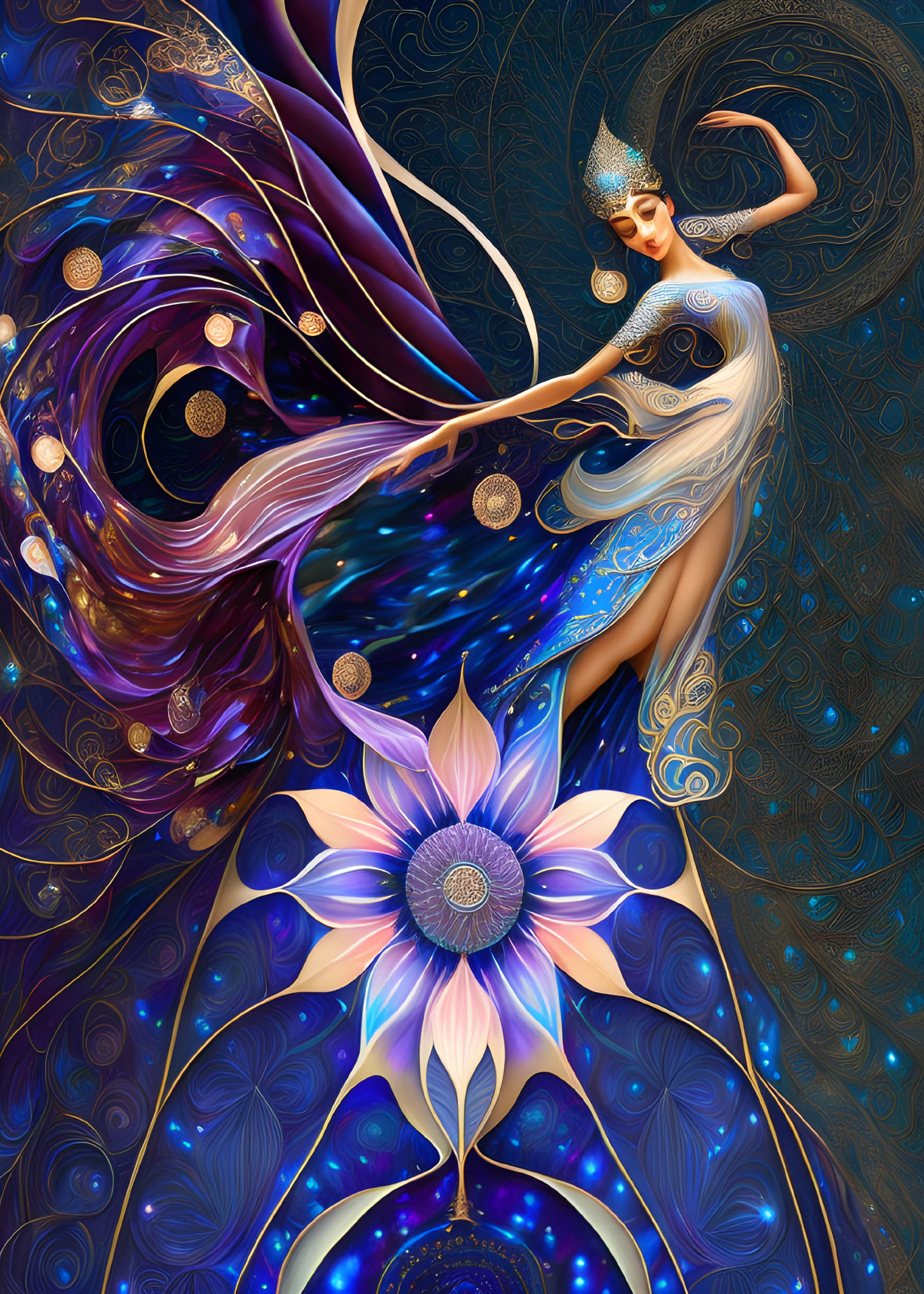 Detailed cosmic background with woman in flowing garments and gold accents