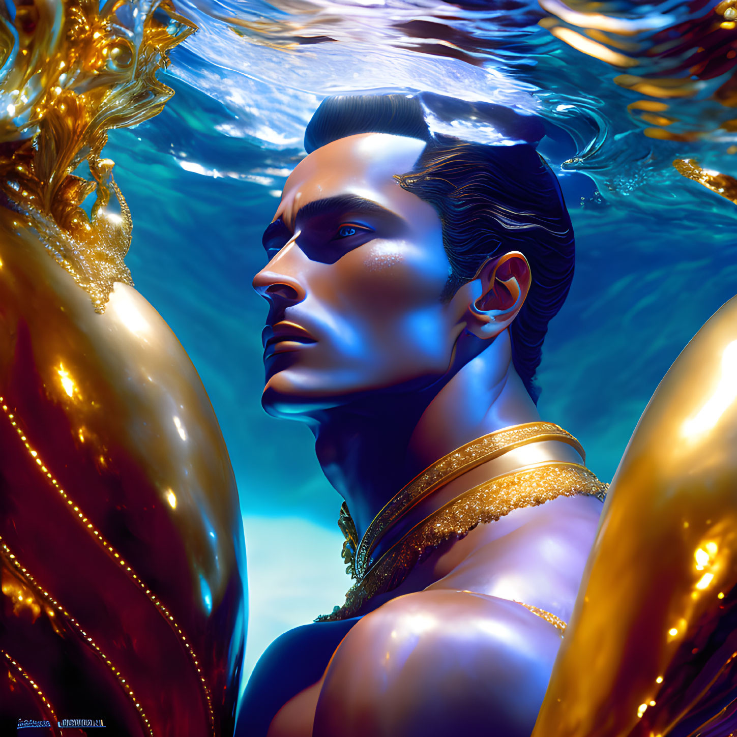 Blue-skinned man in water with golden chains: Mythical digital portrait