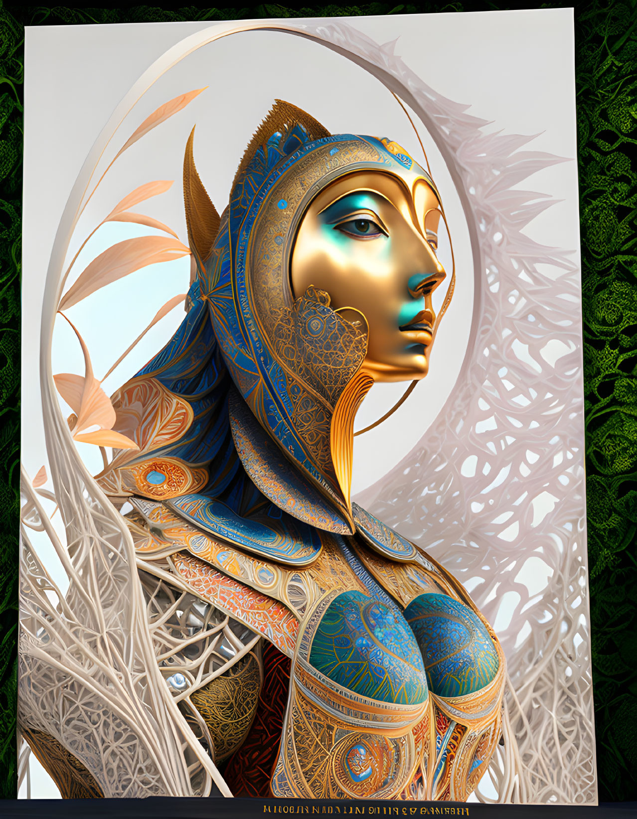 Digital portrait of figure in intricate metallic armor with halo-like headpiece against green backdrop with ornate patterns