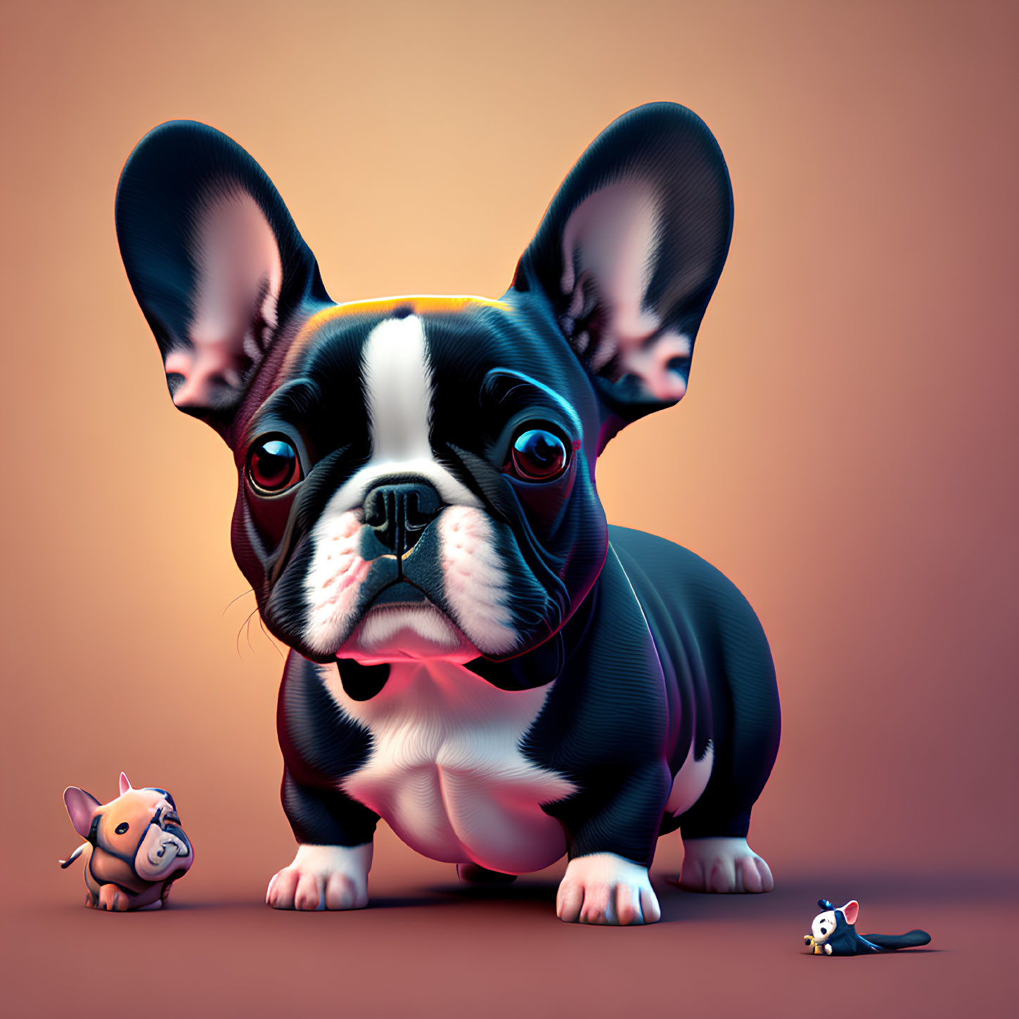 Stylized digital illustration of French Bulldog with exaggerated features, pig, and mouse
