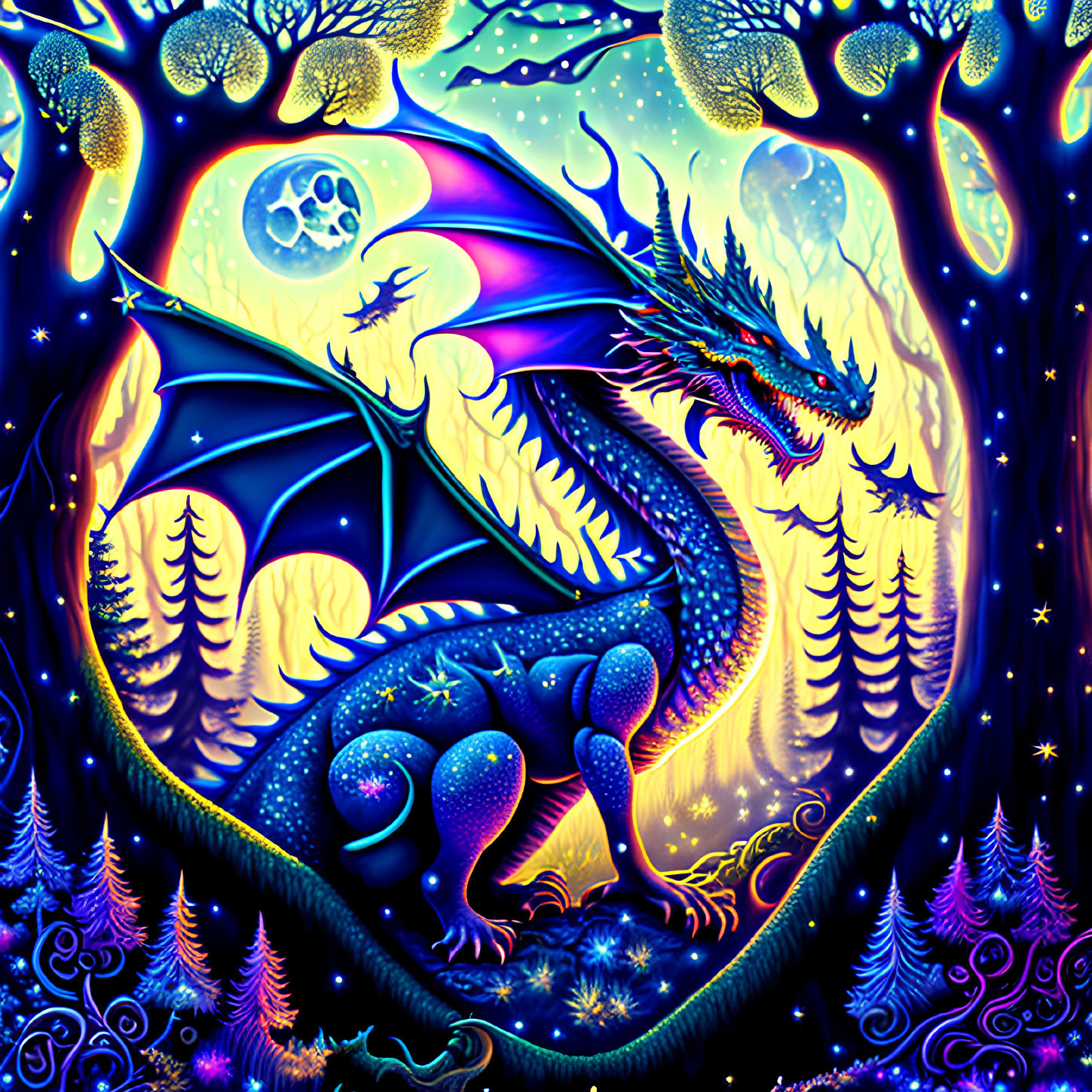Blue dragon in psychedelic forest with moon and stars