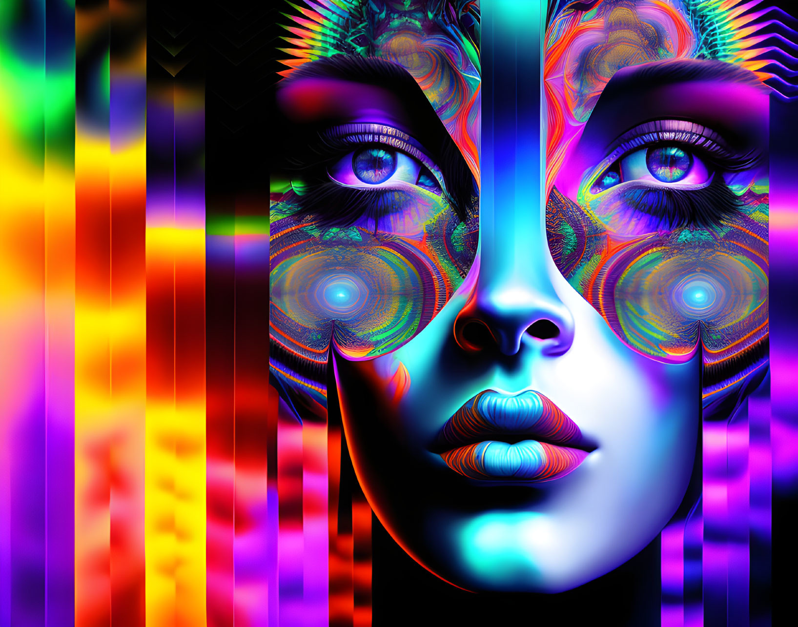 Symmetrical futuristic face with intricate patterns on vibrant multicolored background