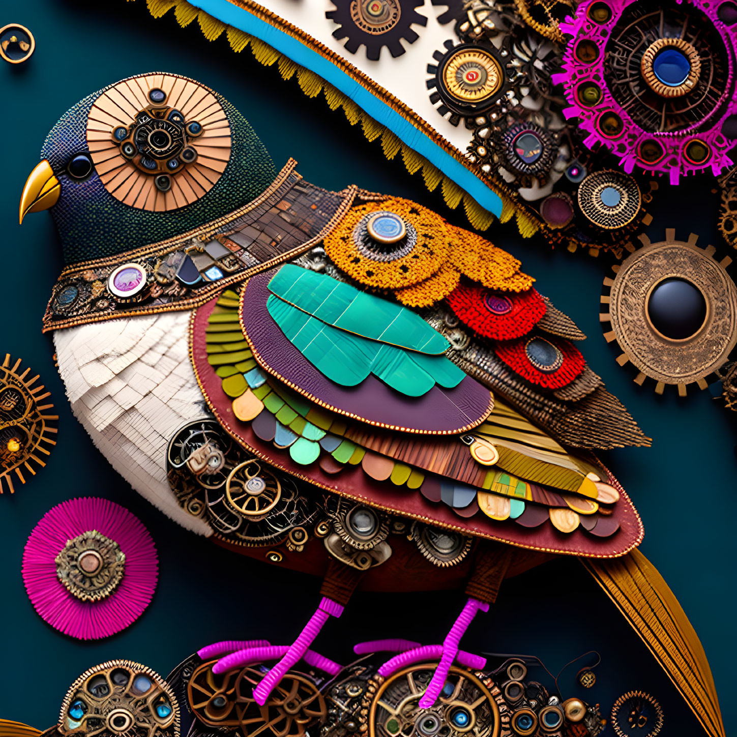 Detailed digital art: mechanical bird with gears on dark backdrop