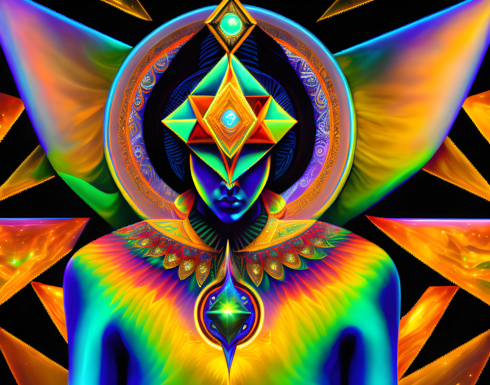 Colorful digital artwork: Blue human figure with geometric shapes