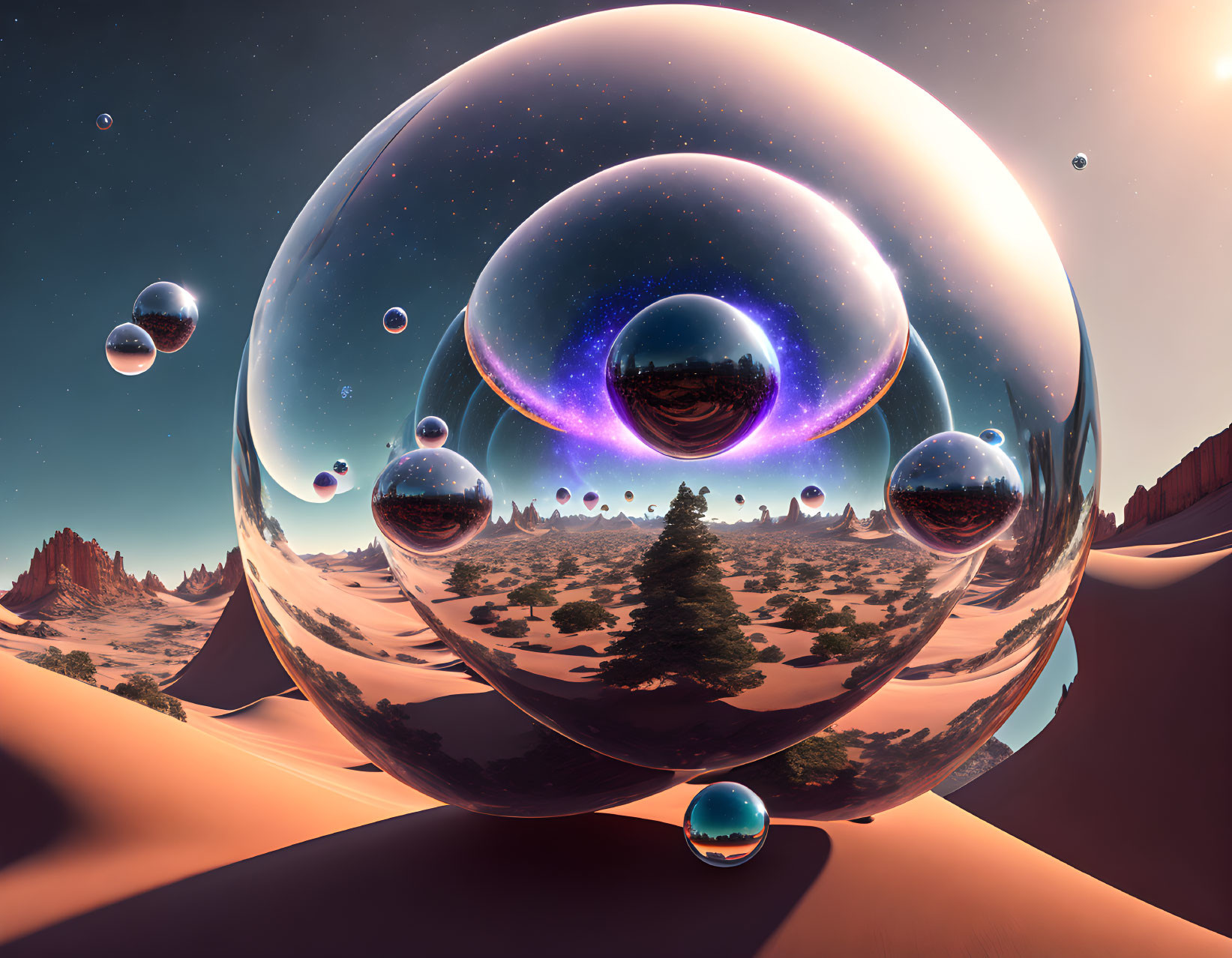 Surreal landscape with reflective spheres and cosmic desert scenery