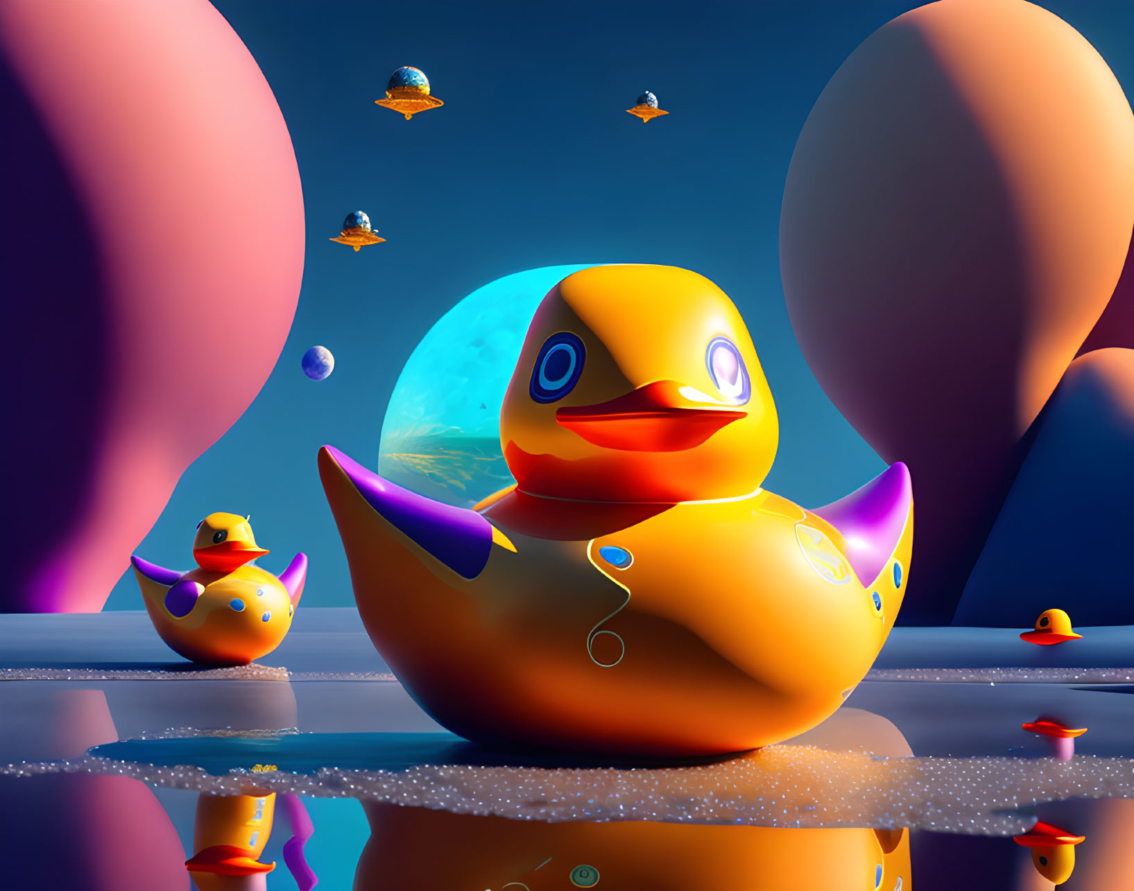 Colorful 3D illustration: Large rubber duck surrounded by smaller ducks in a fantasy setting with floating