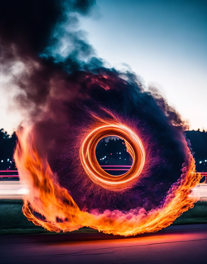 Fiery Ring with Orange Flames and Swirling Smoke Against Dusky Sky