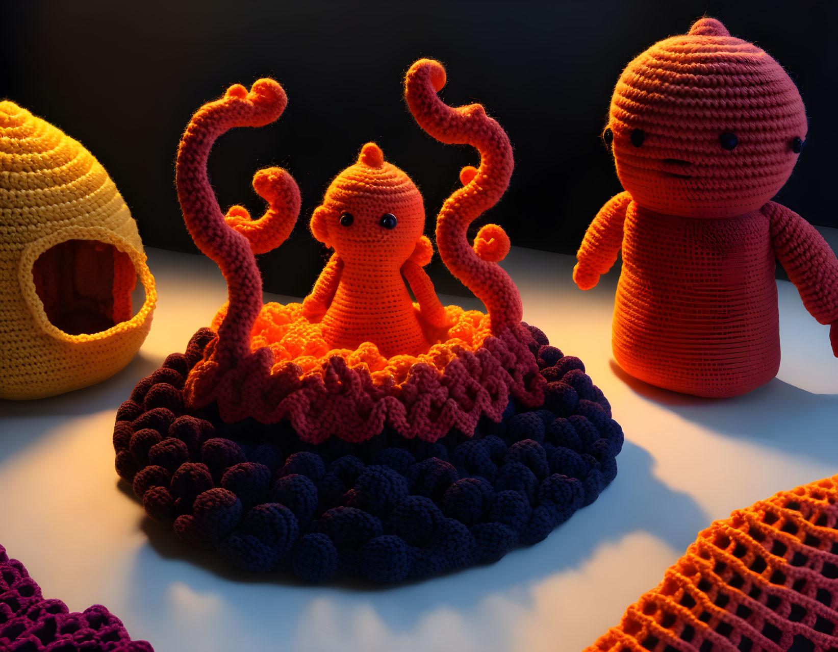 Octopus Toys in Orange and Red on Dark Background