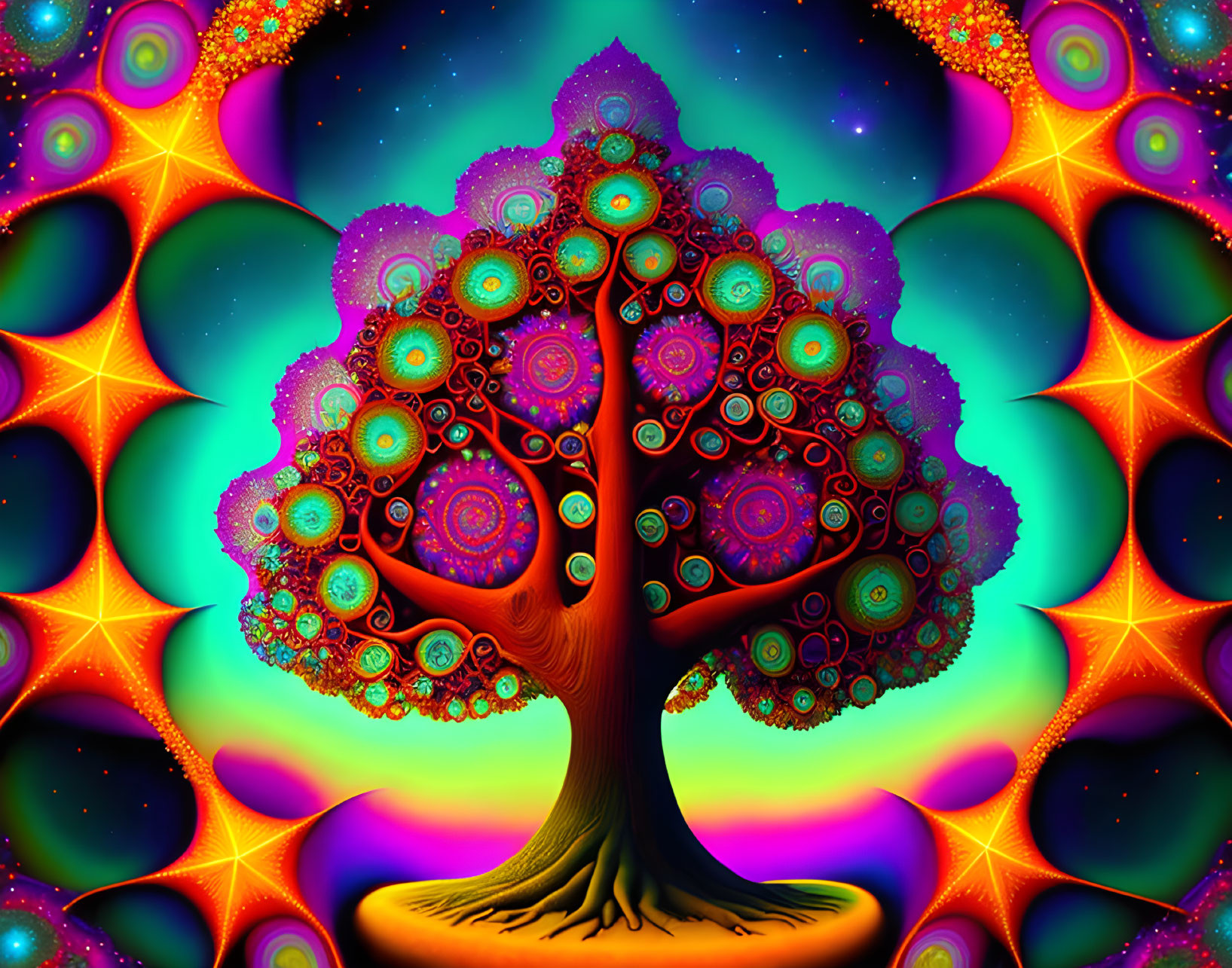 Colorful psychedelic tree digital artwork with fractal designs on starry background