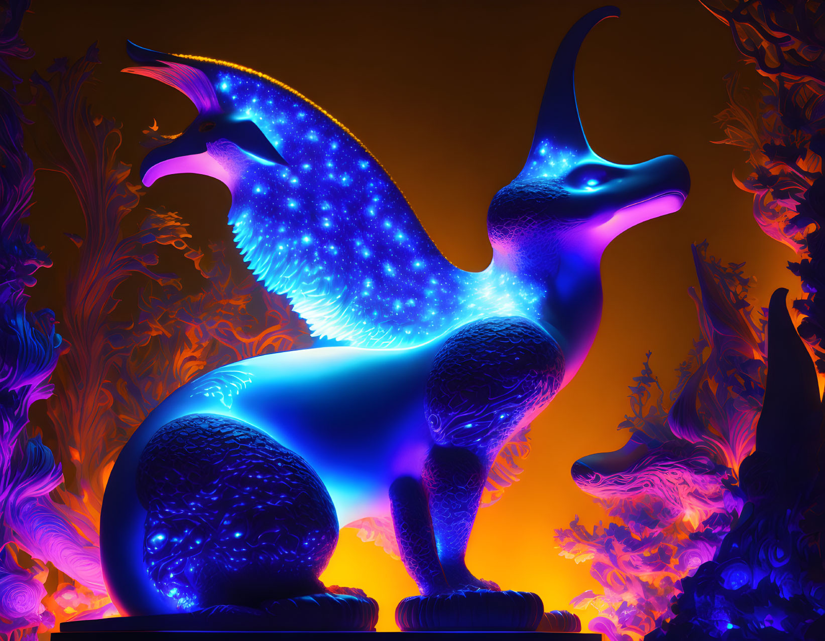 Mythical creature digital art: luminous blue body, glowing wings, long horn, fiery orange