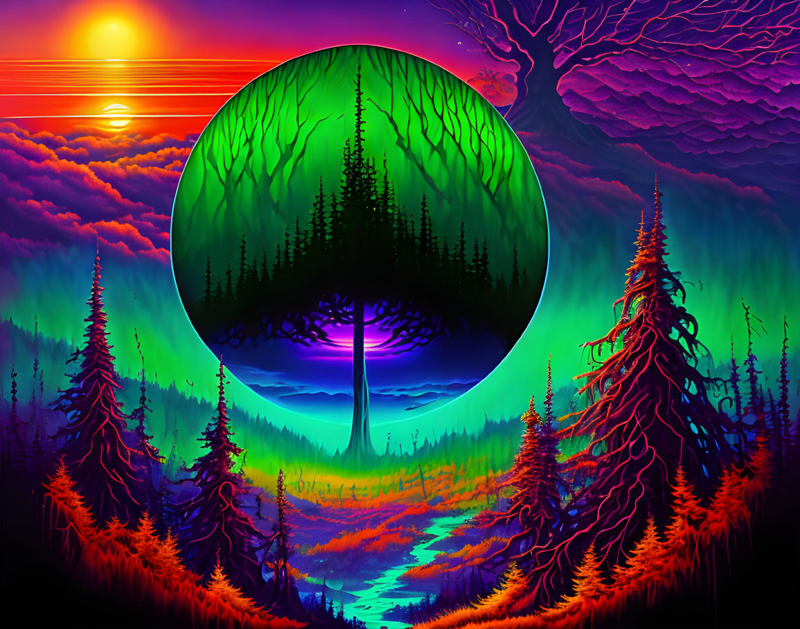 Surreal landscape digital artwork with colorful sunset and forest silhouette