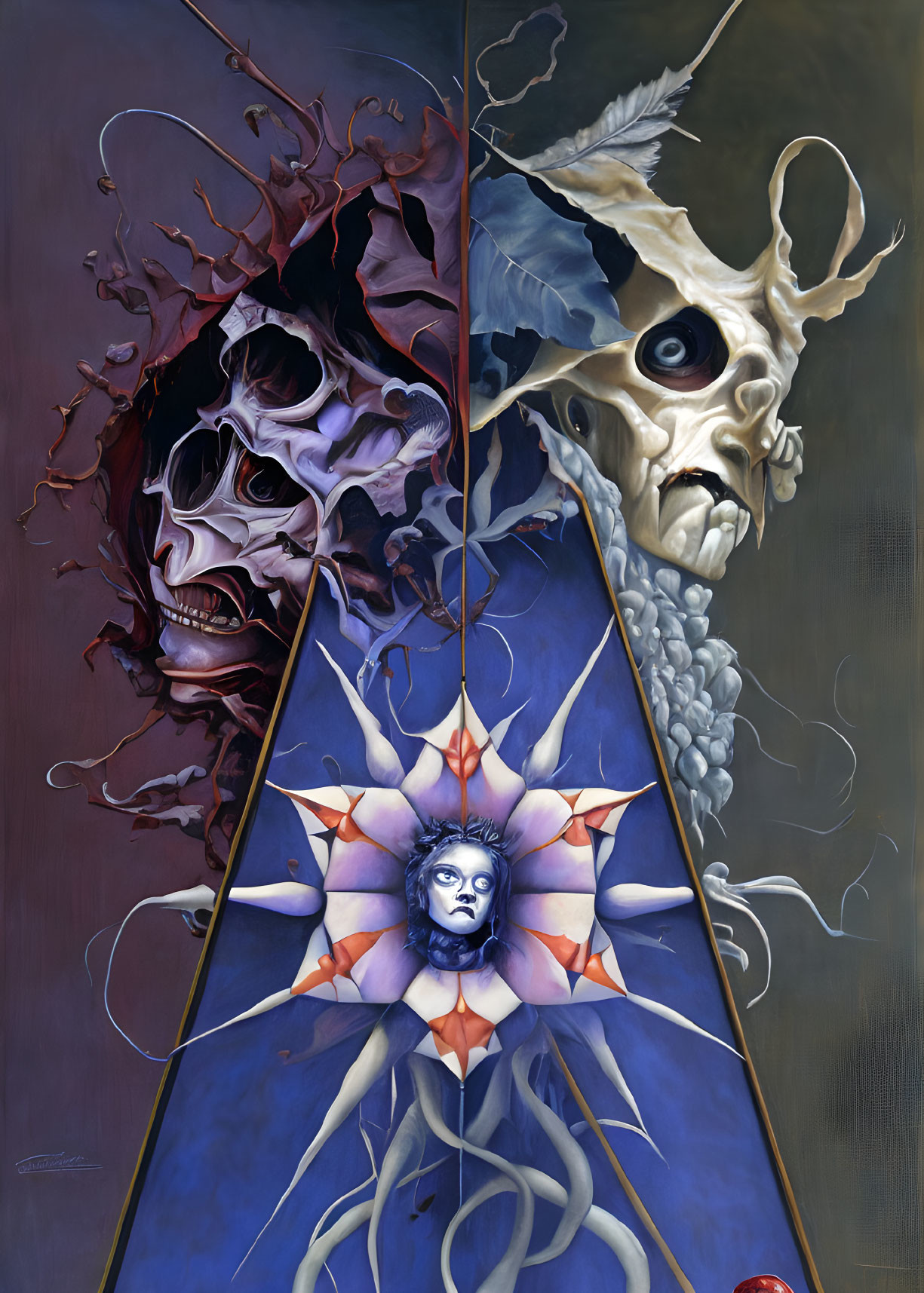 Surreal painting of geometric structure with human face, skulls, and single-eyed mask