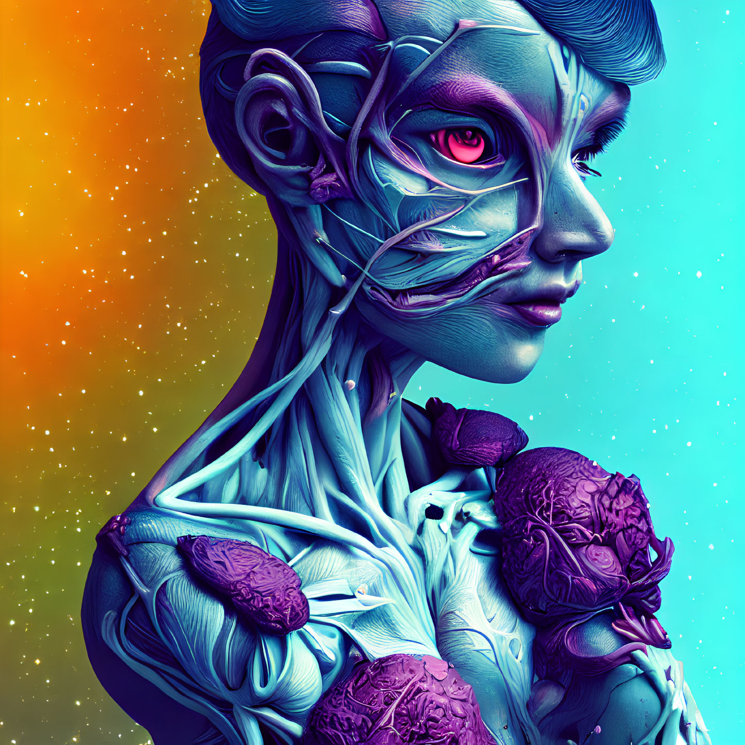 Colorful digital artwork: Female figure with exposed muscles and floral organs