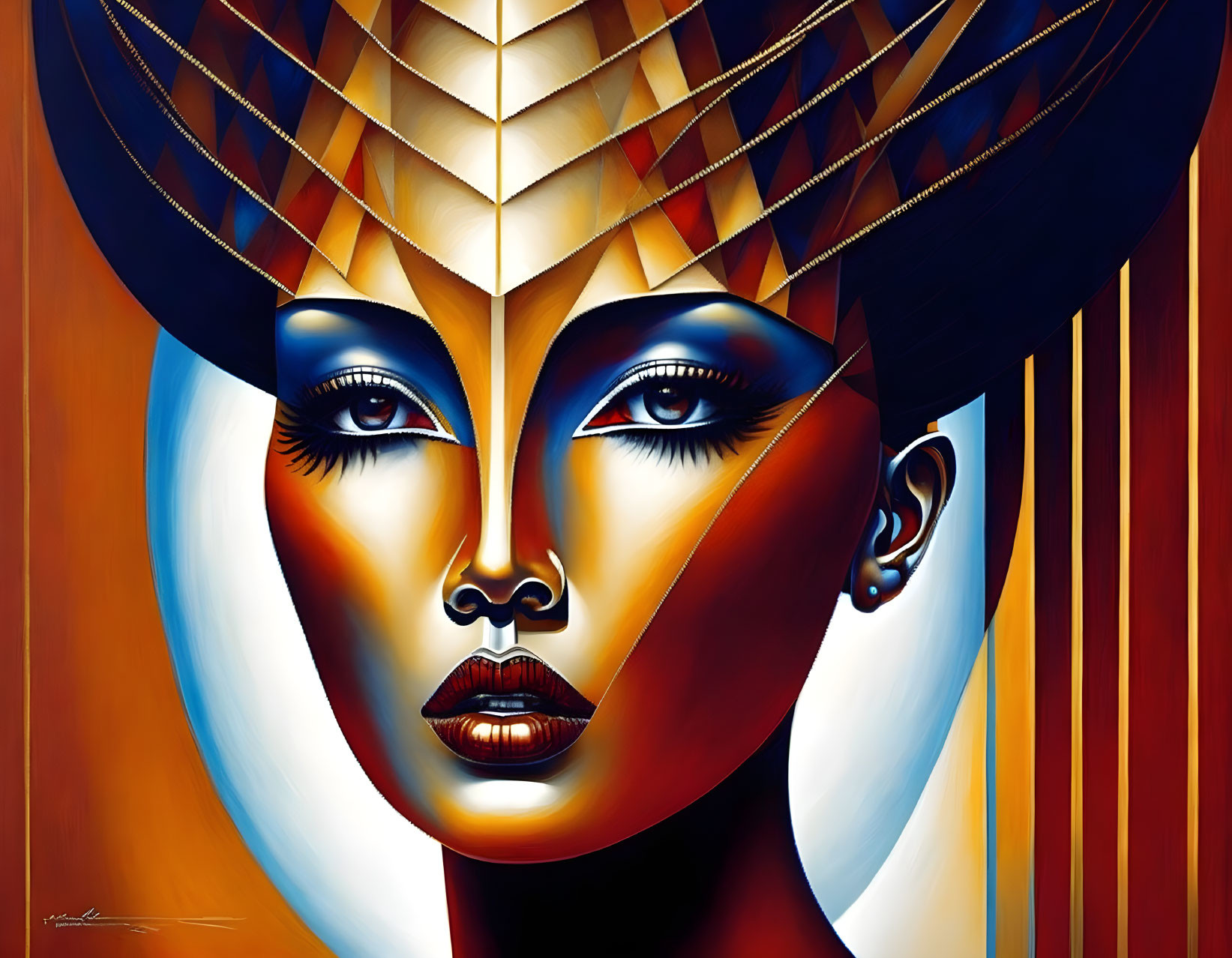 Egyptian-themed woman artwork with geometric patterns and bold colors