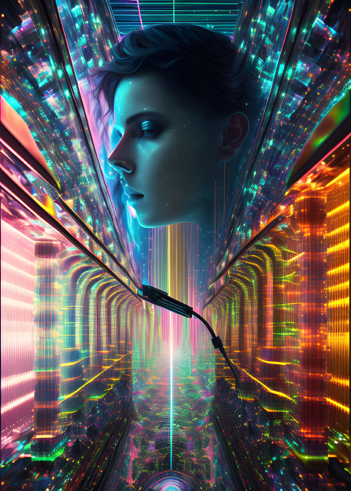 Futuristic neon-lit digital art of a woman with cybernetic elements