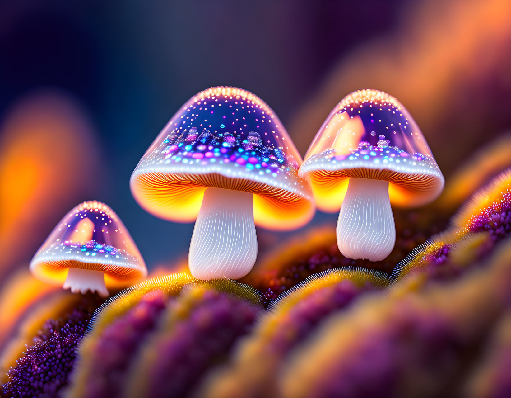 Colorful Bioluminescent Mushrooms on Textured Surface