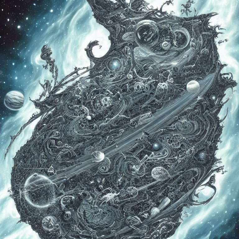 Detailed Black and White Cosmic Entity Surrounded by Stars and Planets