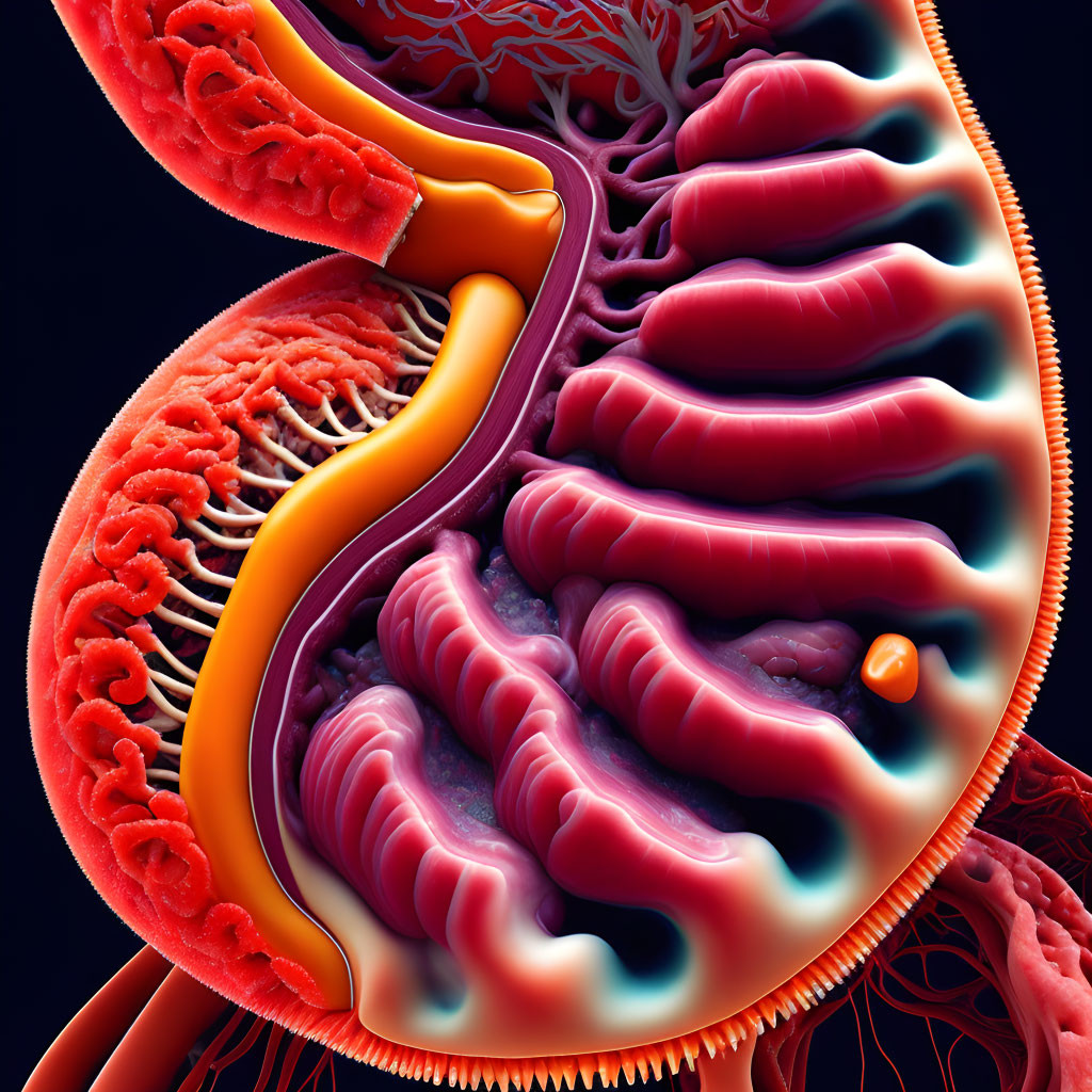 Detailed 3D illustration: Human gastrointestinal tract cross-section.