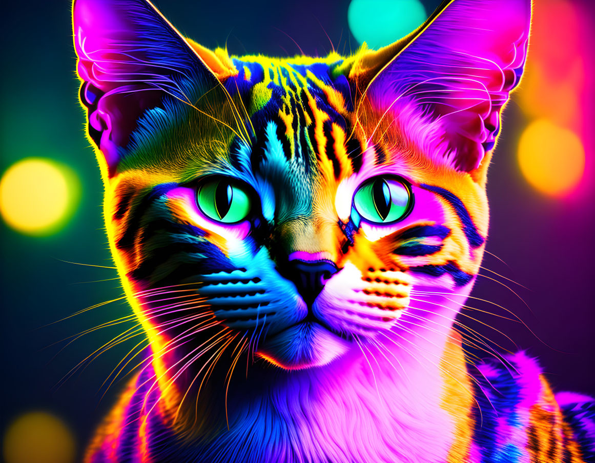 Vivid Neon Cat Artwork with Hypnotic Green Eyes